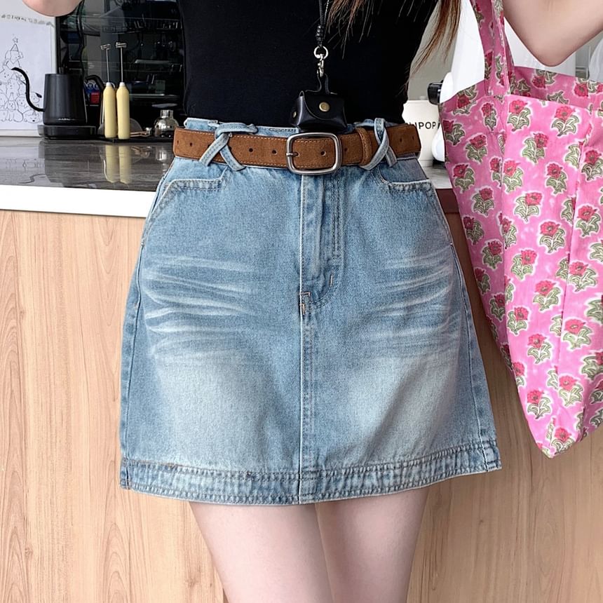 Mini Denim A-Line Waist Washed Skirt High