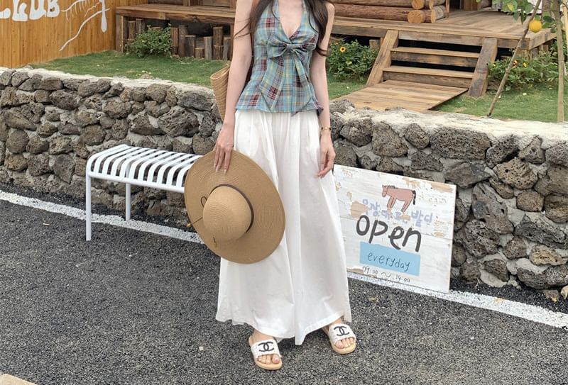 Halter Plaid Top Plain / Tank Waist Peplum Bow Culottes High