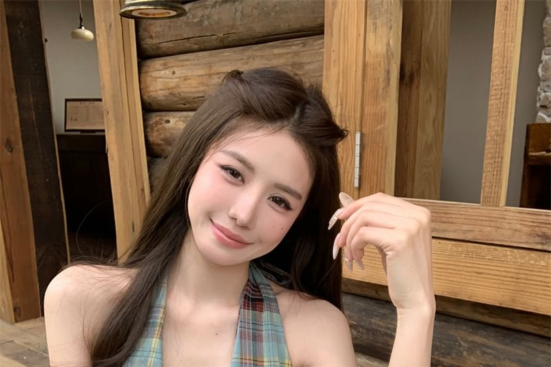 Halter Plaid Top Plain / Tank Waist Peplum Bow Culottes High