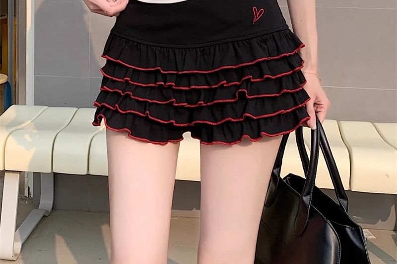 Skort Lettering Off-Shoulder Tiered Tee High Dotted / Slim Waist Fit Cap-Sleeve