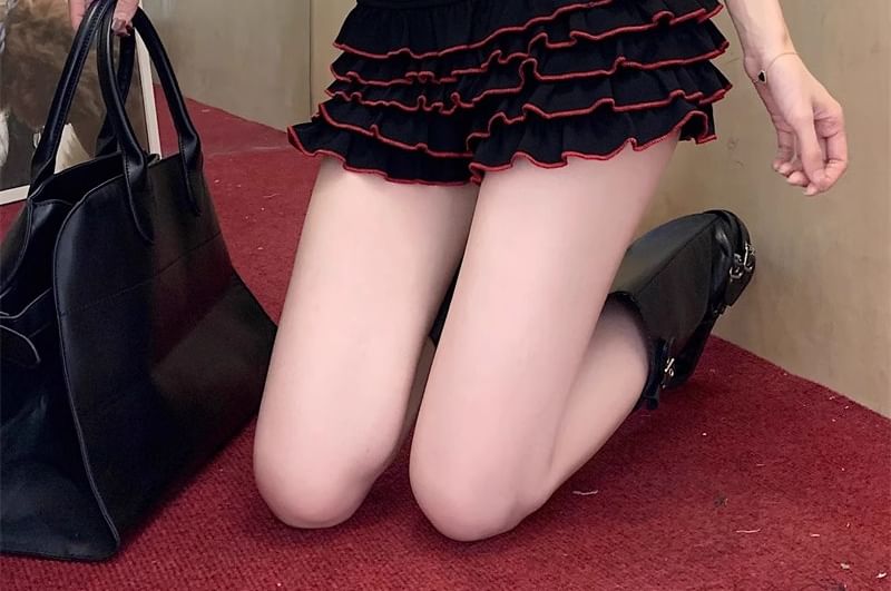 Skort Lettering Off-Shoulder Tiered Tee High Dotted / Slim Waist Fit Cap-Sleeve