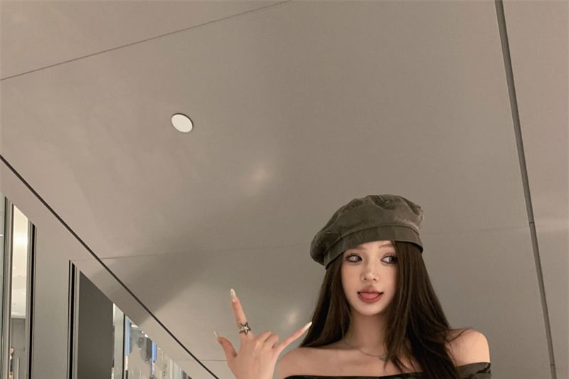 Trim Tee Print Cap-Sleeve Slim Camo Fit Off-Shoulder Asymmetrical Ruffle