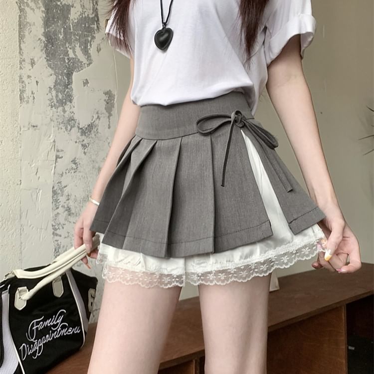 A-Line Mini Skirt Pleated Panel Waist Bow Lace High