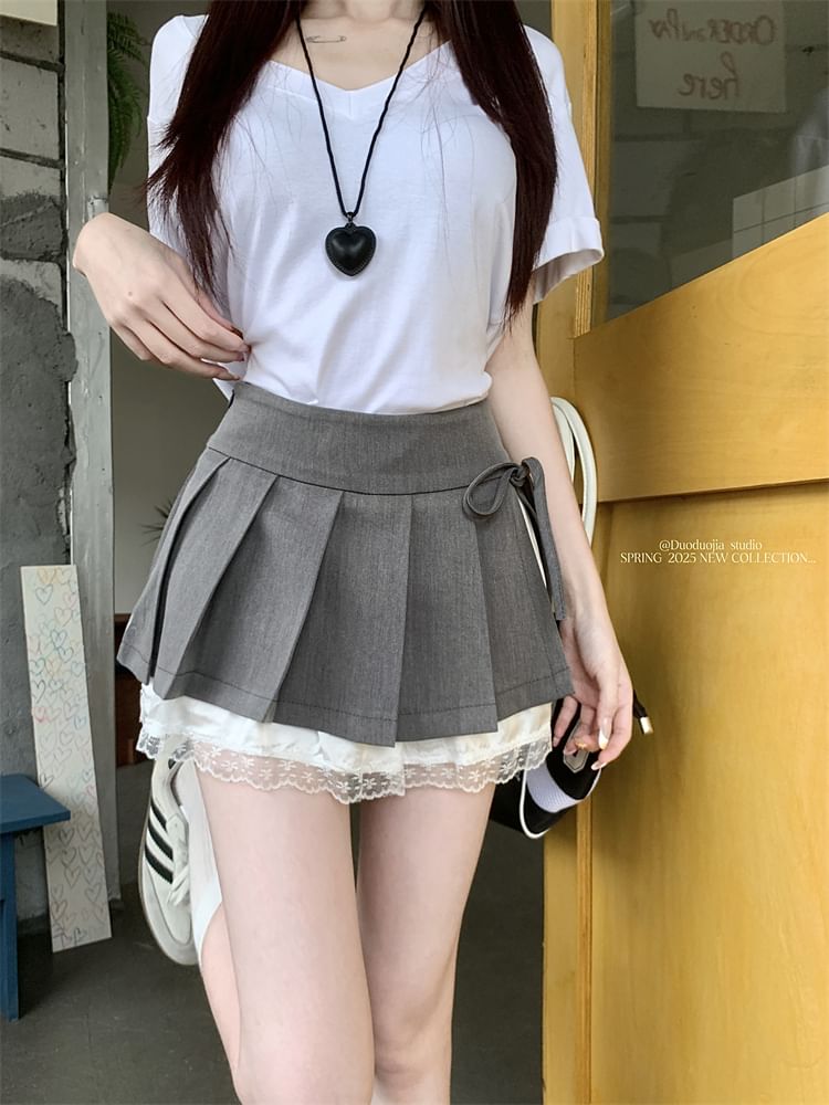 A-Line Mini Skirt Pleated Panel Waist Bow Lace High