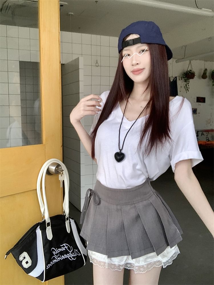 A-Line Mini Skirt Pleated Panel Waist Bow Lace High