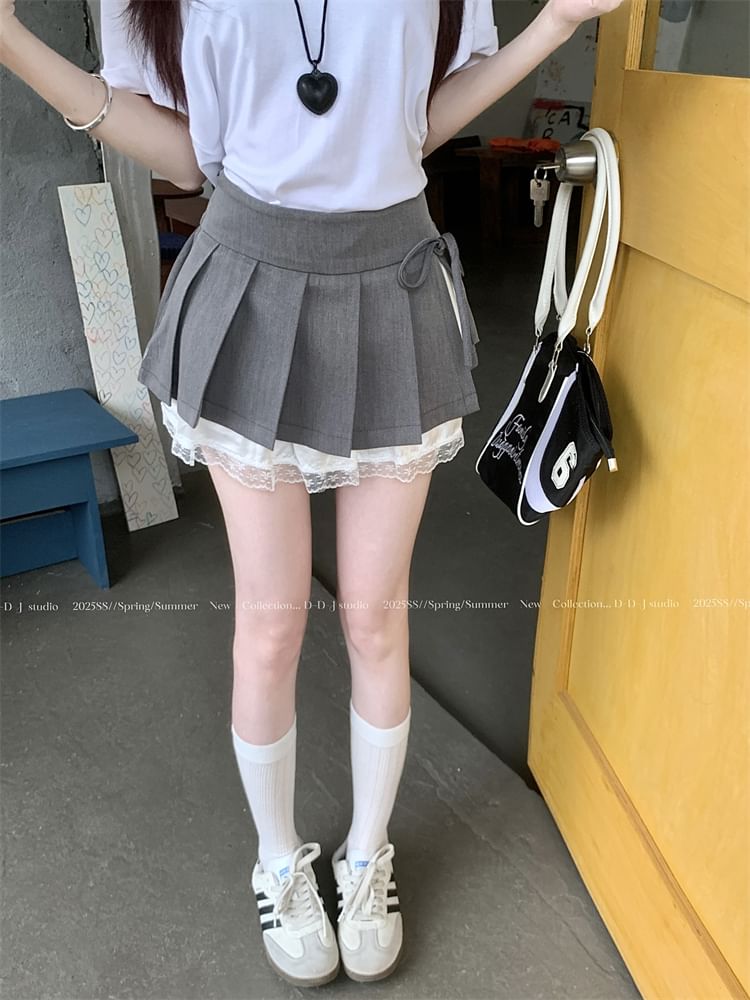 A-Line Mini Skirt Pleated Panel Waist Bow Lace High