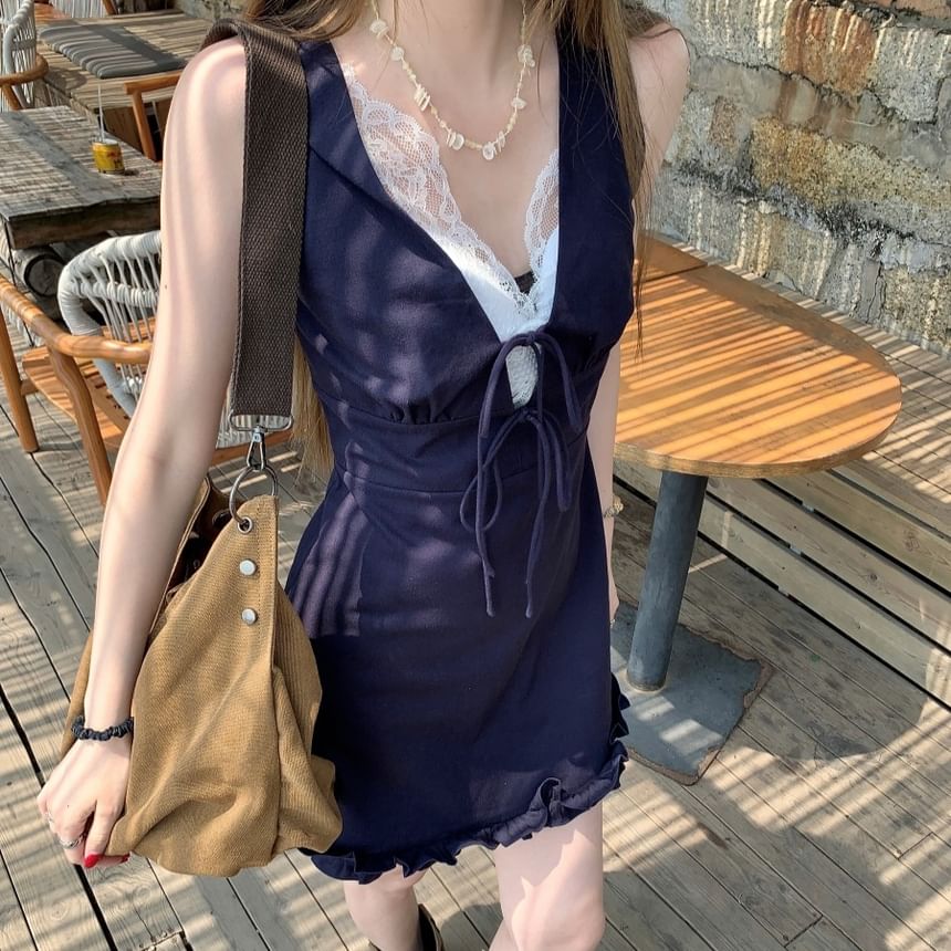 Dress V-Neck Lace Bow Panel Sleeveless A-Line Mini