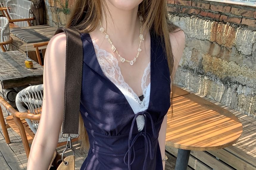 Dress V-Neck Lace Bow Panel Sleeveless A-Line Mini