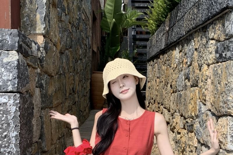 Button Round Dress Sleeveless Plain Mini A-Line Neck