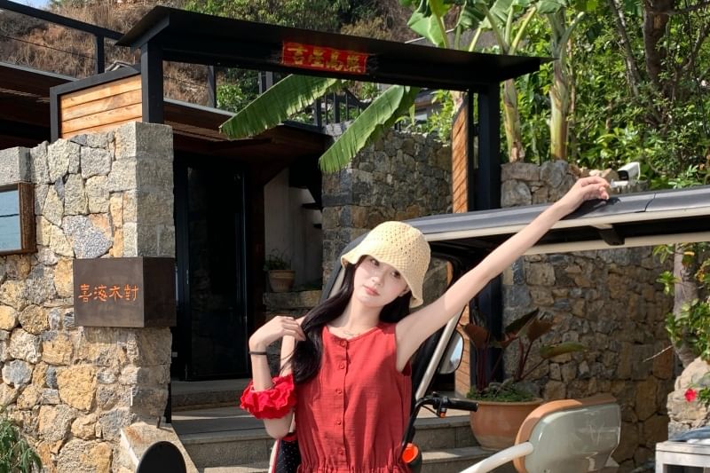 Button Round Dress Sleeveless Plain Mini A-Line Neck