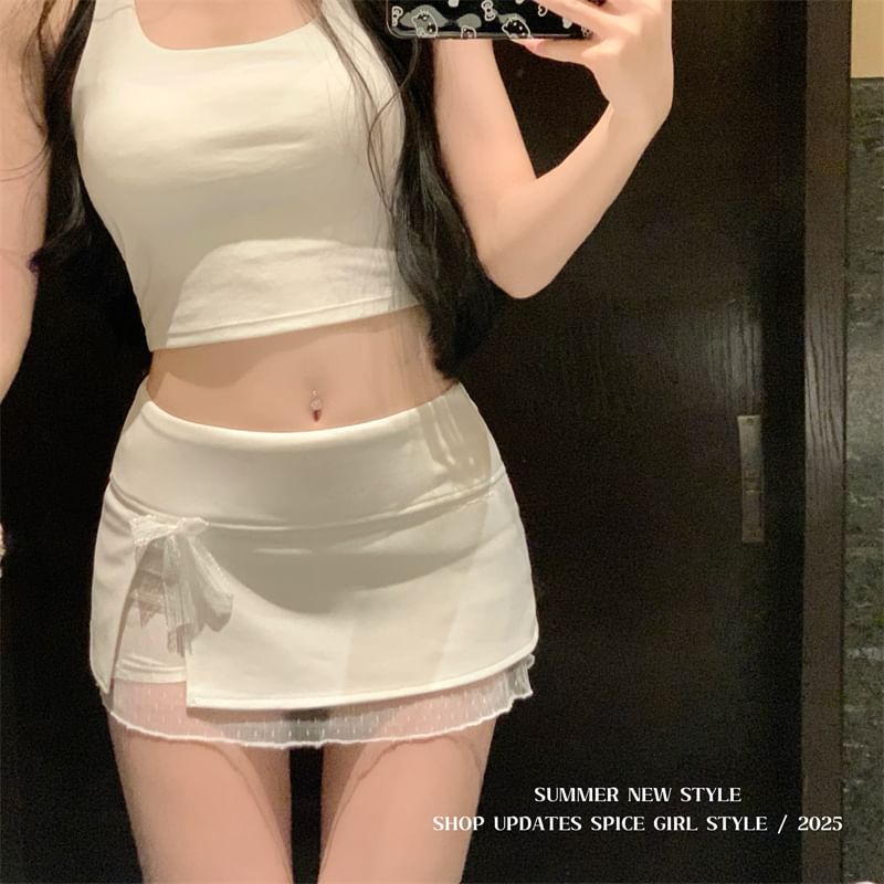 Lace Skirt Bow Mini Panel Waist Pencil Mid