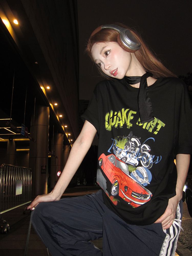 / Short-Sleeve Strap Bodycon Round Tee Dress Mini Neck Spaghetti Graphic Print