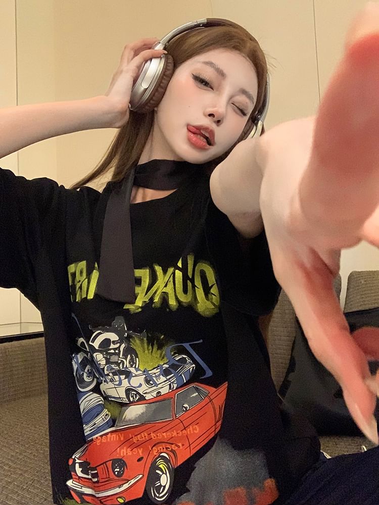 / Short-Sleeve Strap Bodycon Round Tee Dress Mini Neck Spaghetti Graphic Print