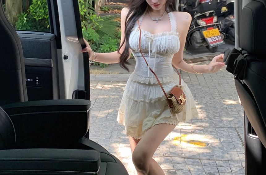 Waist A-Line Slim / Mini Top Fit Bow Crop Skirt Elastic Halter Plain Tiered