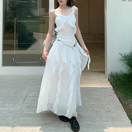 Elastic Waist Trim Asymmetrical Tank A-Line / Fit Ruffle Midi Skirt Top Plain Slim