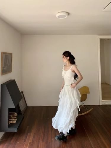 Elastic Waist Trim Asymmetrical Tank A-Line / Fit Ruffle Midi Skirt Top Plain Slim