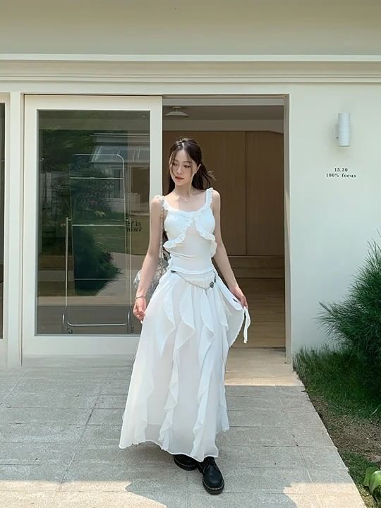 Elastic Waist Trim Asymmetrical Tank A-Line / Fit Ruffle Midi Skirt Top Plain Slim