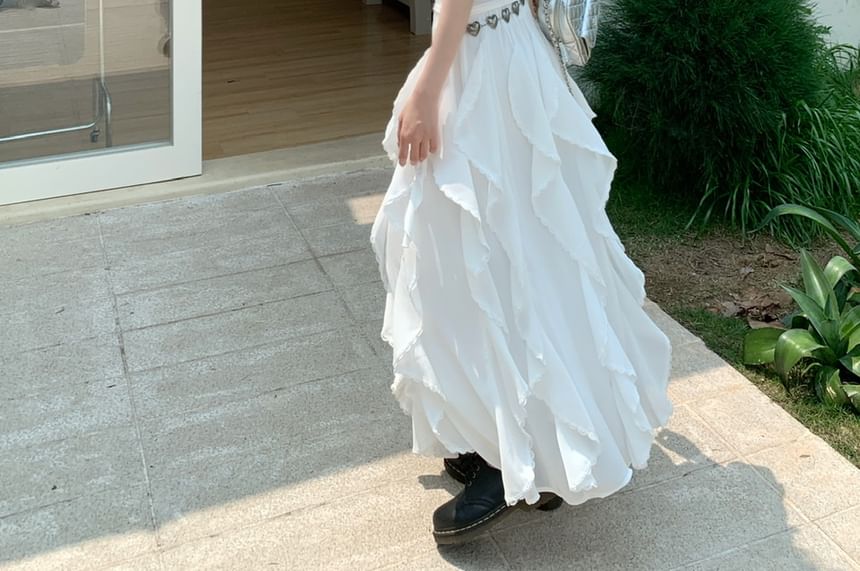 Elastic Waist Trim Asymmetrical Tank A-Line / Fit Ruffle Midi Skirt Top Plain Slim