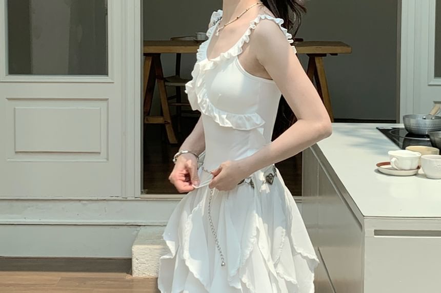 Elastic Waist Trim Asymmetrical Tank A-Line / Fit Ruffle Midi Skirt Top Plain Slim