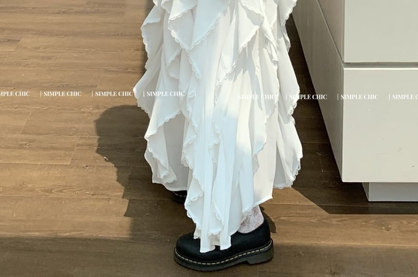 Elastic Waist Trim Asymmetrical Tank A-Line / Fit Ruffle Midi Skirt Top Plain Slim