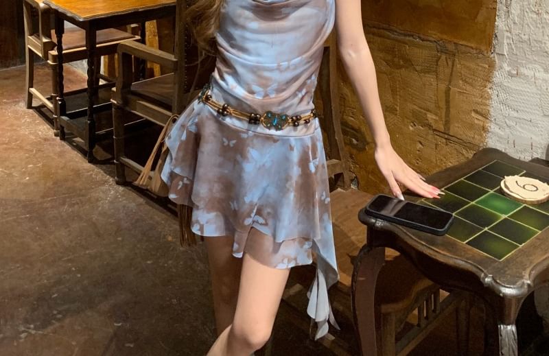 Mini Print Spaghetti Asymmetrical Butterfly A-Line Strap Dress Cowl Neck