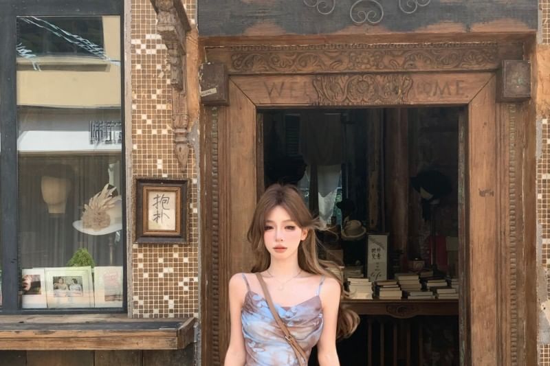 Mini Print Spaghetti Asymmetrical Butterfly A-Line Strap Dress Cowl Neck