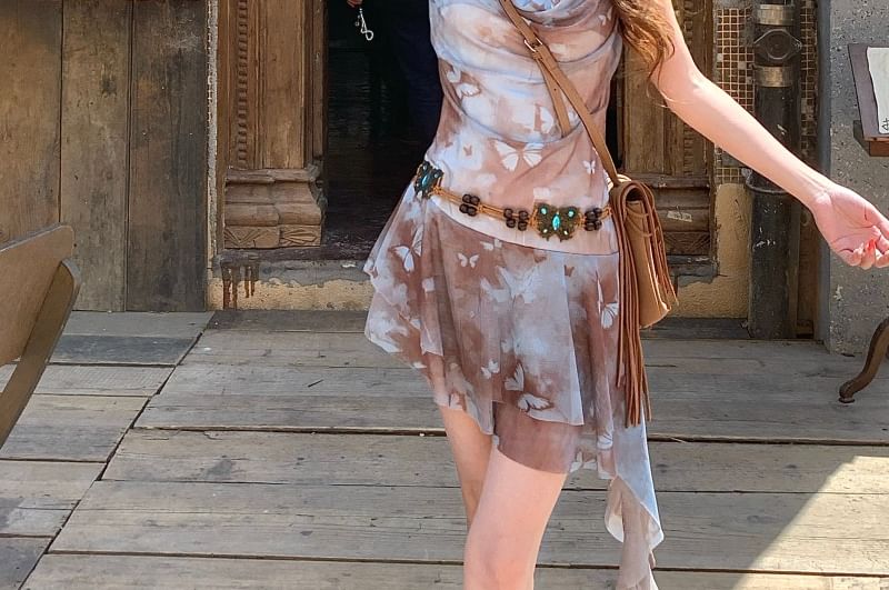 Mini Print Spaghetti Asymmetrical Butterfly A-Line Strap Dress Cowl Neck