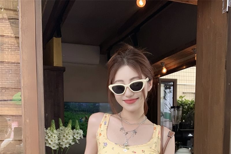 Floral Ruffle Top Square Trim Slim Tank Fit Asymmetrical Neck