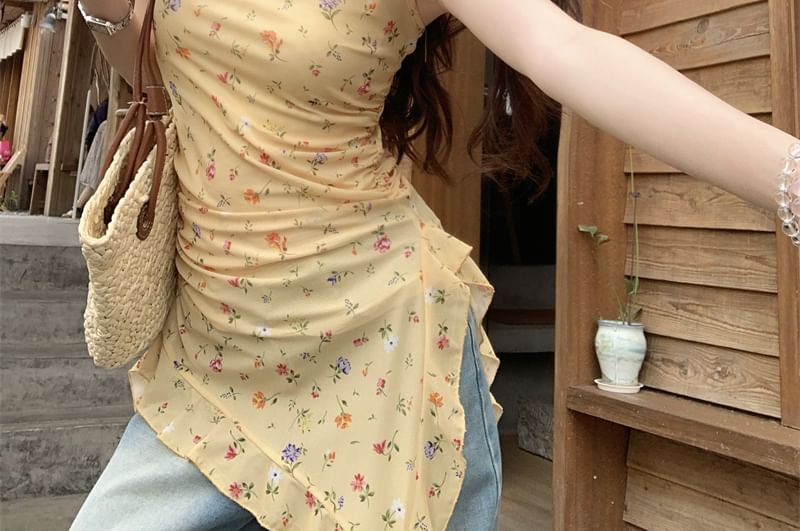 Floral Ruffle Top Square Trim Slim Tank Fit Asymmetrical Neck