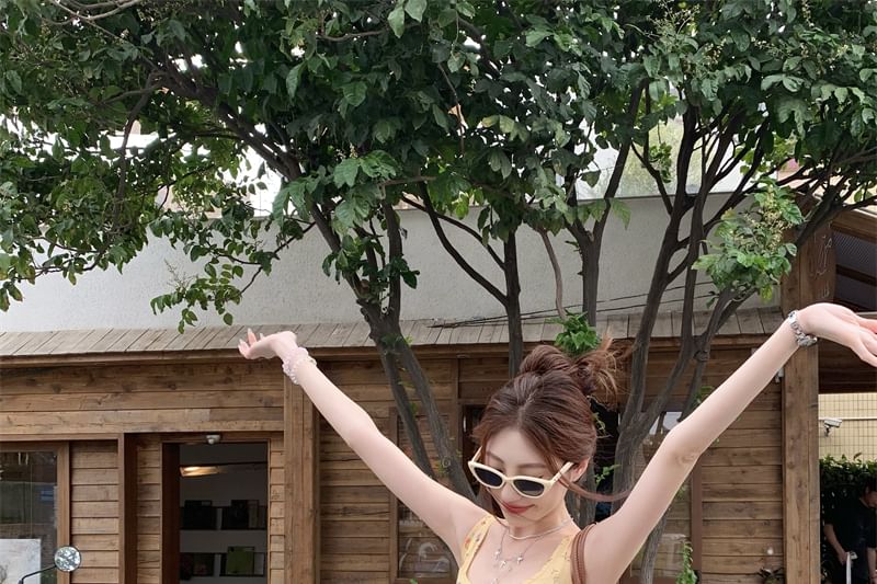 Floral Ruffle Top Square Trim Slim Tank Fit Asymmetrical Neck