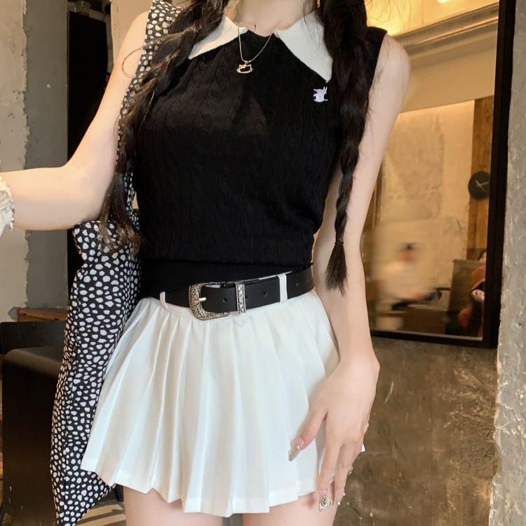 Collar Knit Pleated A-Line Tank Top Plain Contrast High Mini Skirt Waist /