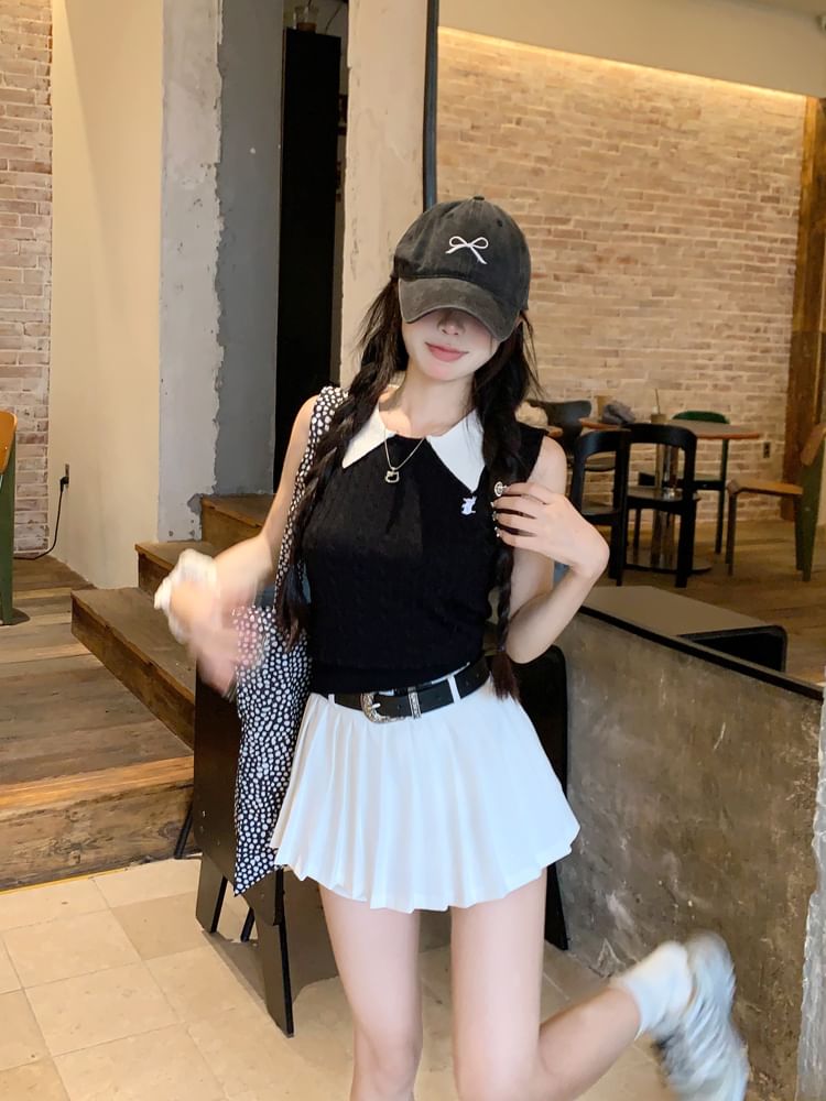 Collar Knit Pleated A-Line Tank Top Plain Contrast High Mini Skirt Waist /