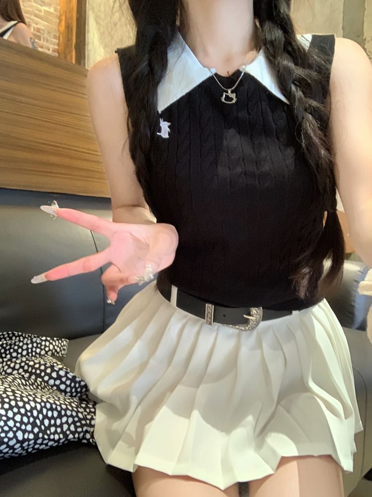 Collar Knit Pleated A-Line Tank Top Plain Contrast High Mini Skirt Waist /