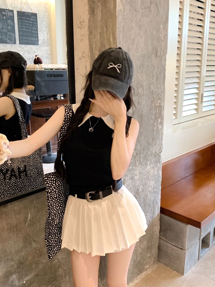 Collar Knit Pleated A-Line Tank Top Plain Contrast High Mini Skirt Waist /