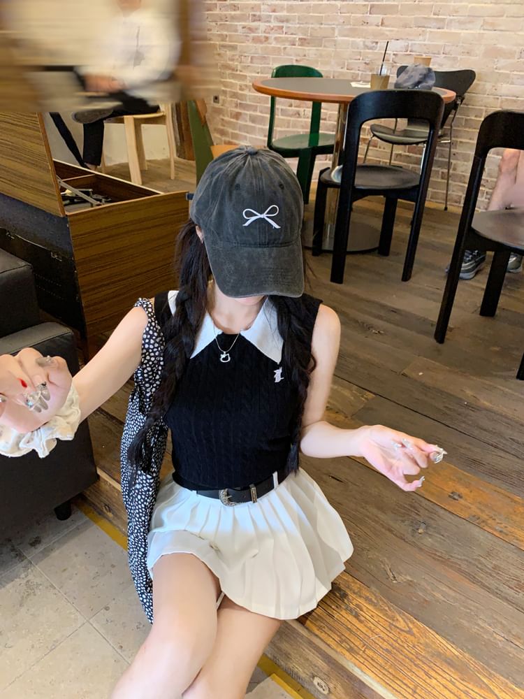 Collar Knit Pleated A-Line Tank Top Plain Contrast High Mini Skirt Waist /