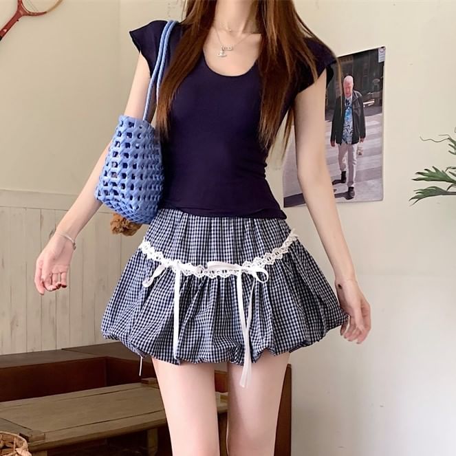 Trim Lace Tee Skirt Plaid A-Line Plain / Scoop Bubble Hem Slim Neck Bow Waist Fit Elastic Mini Short-Sleeve