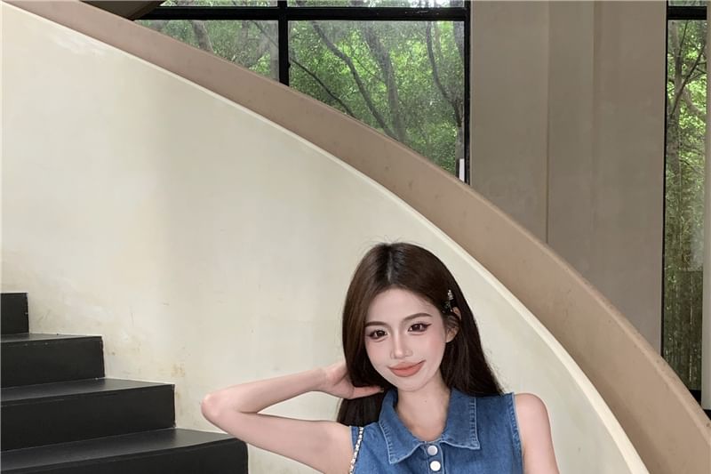 / Denim Shorts Frill Waist Tank Trim Collar High Henley Crop Top