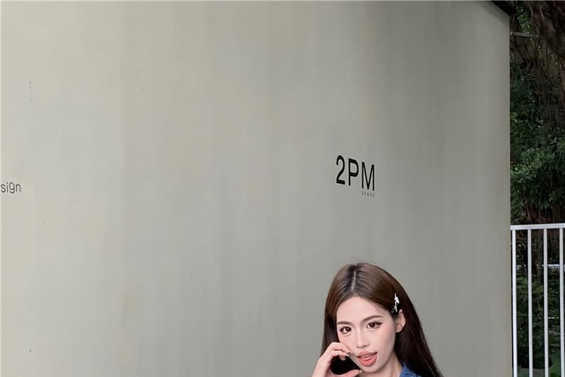 / Denim Shorts Frill Waist Tank Trim Collar High Henley Crop Top