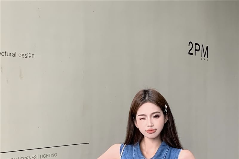 / Denim Shorts Frill Waist Tank Trim Collar High Henley Crop Top