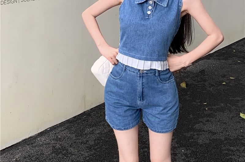 / Denim Shorts Frill Waist Tank Trim Collar High Henley Crop Top
