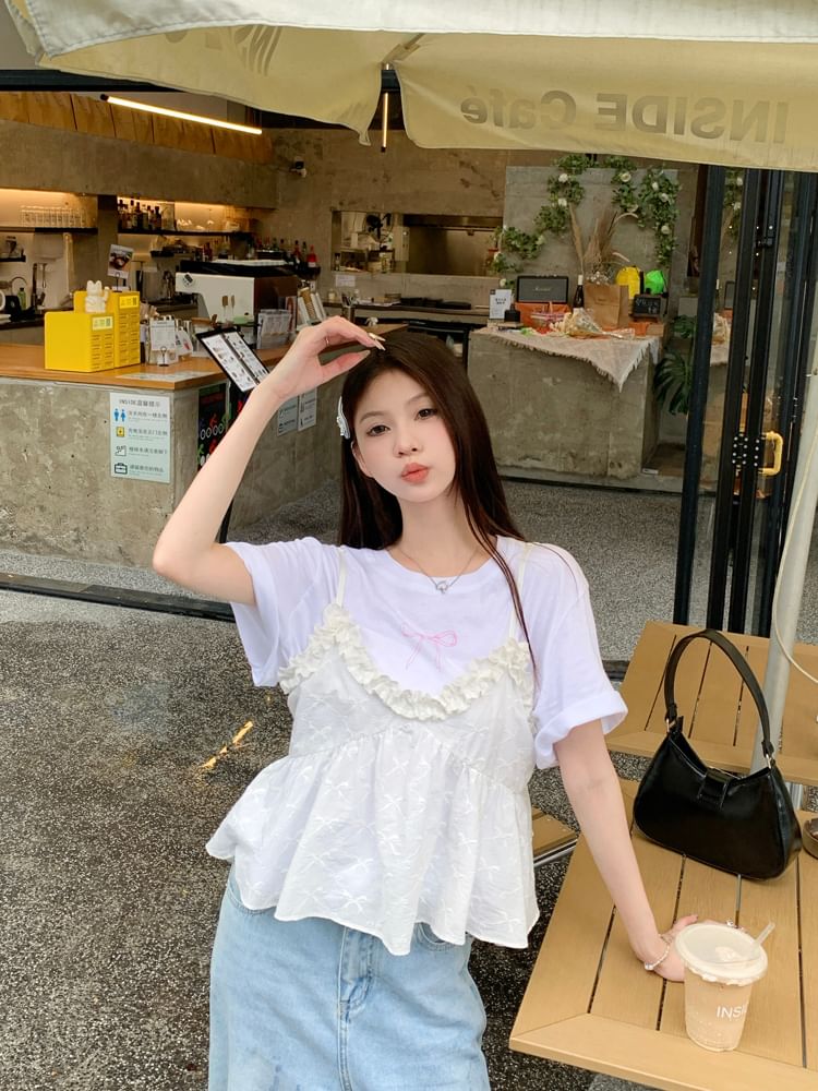 Short-Sleeve Bow Neck Camisole Print Top Flowy Ruffle Crew Tee / Trim