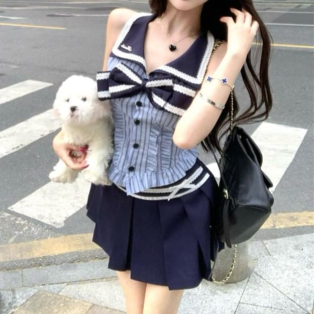 Collar Striped / Rise Mini Skirt Bow A-Line Sleeveless Blouse Pleated High