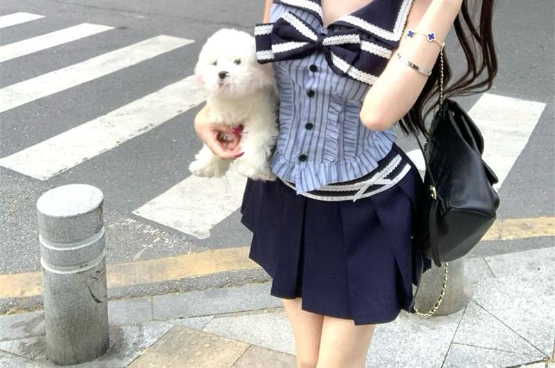 Collar Striped / Rise Mini Skirt Bow A-Line Sleeveless Blouse Pleated High