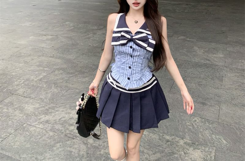 Collar Striped / Rise Mini Skirt Bow A-Line Sleeveless Blouse Pleated High