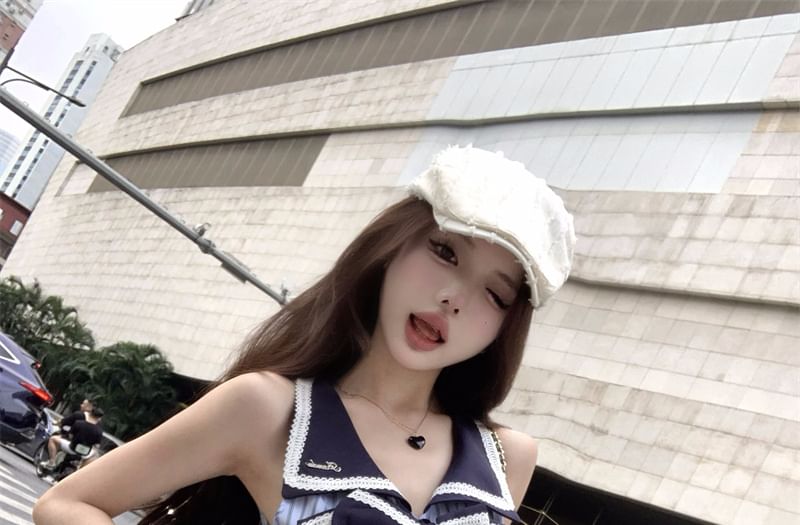 Collar Striped / Rise Mini Skirt Bow A-Line Sleeveless Blouse Pleated High