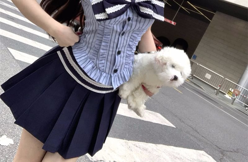 Collar Striped / Rise Mini Skirt Bow A-Line Sleeveless Blouse Pleated High
