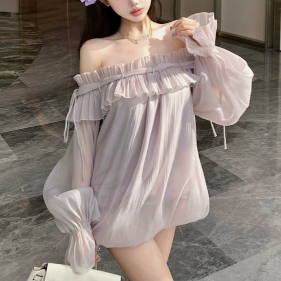 Tunic Trim Ruffle Blouse Long-Sleeve Off-Shoulder Plain