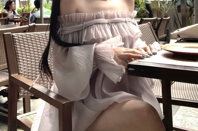 Tunic Trim Ruffle Blouse Long-Sleeve Off-Shoulder Plain