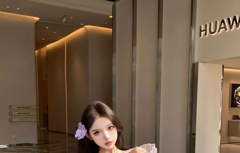 Tunic Trim Ruffle Blouse Long-Sleeve Off-Shoulder Plain