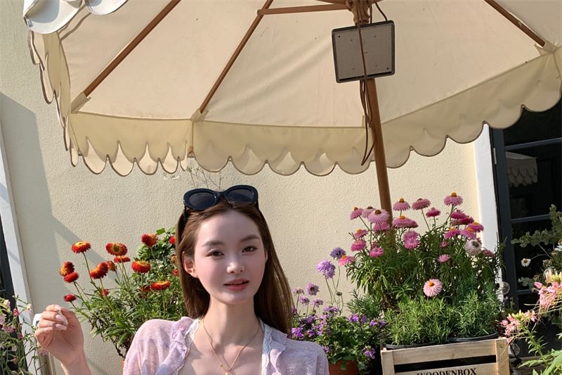 Bow Spaghetti A-Line Lace Melange Strap Ruched Mini Cardigan Dress Ruffle Trim Panel /